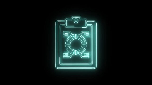 Clipboard Process Diagram Icon Animation with Glowing Lines on Black Background