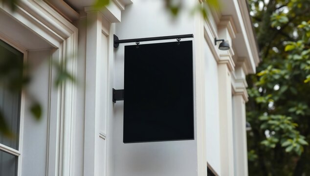 Blank black rectangular shop sign hanging on a white building wall outside