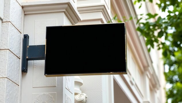 Blank black rectangular store sign mounted on a modern building wall outdoors