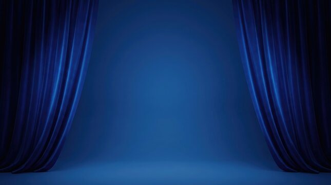 A wide shot of a dark blue theater stage with elegant velvet curtains pulled back to reveal empty space