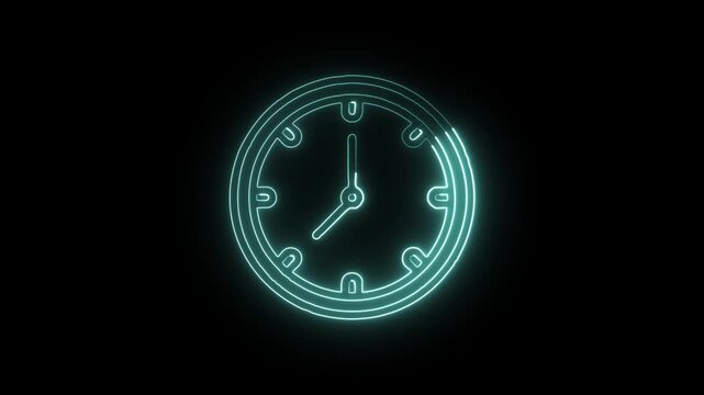 Classic Analog Clock Icon Animation with Glowing Lines on Black Background