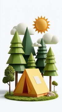a serene outdoor scene. A bright orange tent with a white window sits on a patch of green grass. Surrounding the tent are tall, coniferous trees in varying shades of green.