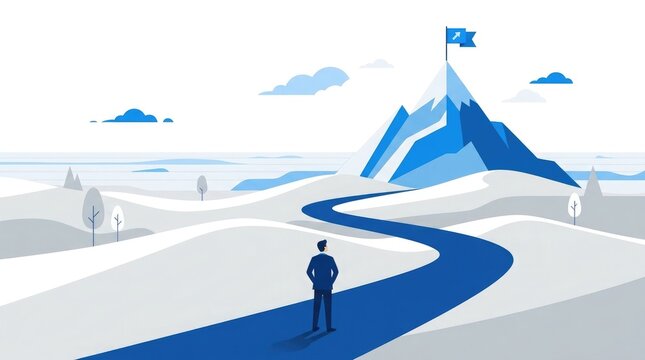 A businessman standing on a path leading towards a mountain peak with a flag representing success and achievement