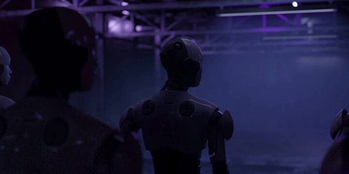 Several humanoid figures stand inside a dimly lit industrial facility with purple neon lighting reflecting off their dark metallic surfaces while they observe the surroundings in a mysterious