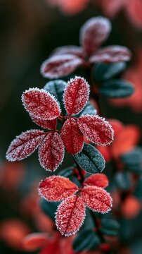 a cluster of frostcovered leaves. The leaves are a vibrant red, contrasting with the dark green of the surrounding foliage. The frost is glistening, reflecting light and creating a delicate texture.