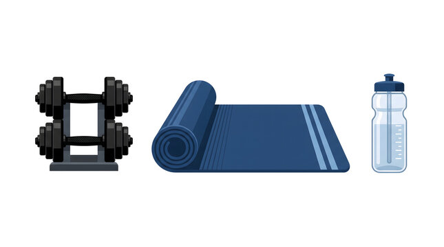 Set of gym equipment including adjustable dumbbells a blue yoga mat and a clear plastic water bottle