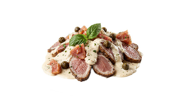 Vitello tonnato veal sliced meat with creamy tuna sauce and capers isolated on a transparent background