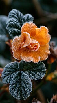 a vibrant orange flower covered in frost. The flowers petals are delicately frosted, revealing the intricate details of its center and stamen.