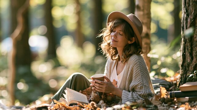 a forest, engrossed in reading a book. She wears a beige hat, a white top, and a textured sweater. The woman holds a white mug, and her eyes are closed, indicating a peaceful moment.