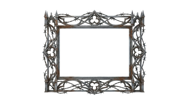 Gothic style picture frame with rusty metal texture and barbed wire details isolated on transparent background
