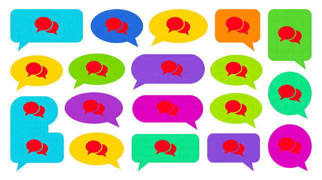 Set of colorful speech bubbles with red chat icons for communication and social media design elements