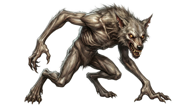 Fierce werewolf creature in a crouching attack pose, isolated on transparent background