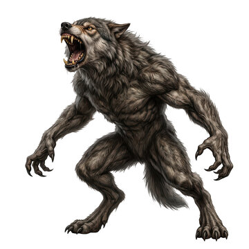 Fierce werewolf creature roaring with sharp teeth and claws isolated on transparent background