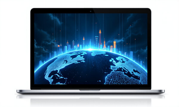 Digital globe connectivity Laptop computer showing a glowing earth and futuristic city skyline for global business concepts
