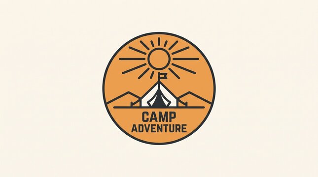 Camp Adventure Badge Logo Design - Vector Illustration Featuring a Camping Tent, Sun, and Mountains for Outdoor Activity Branding