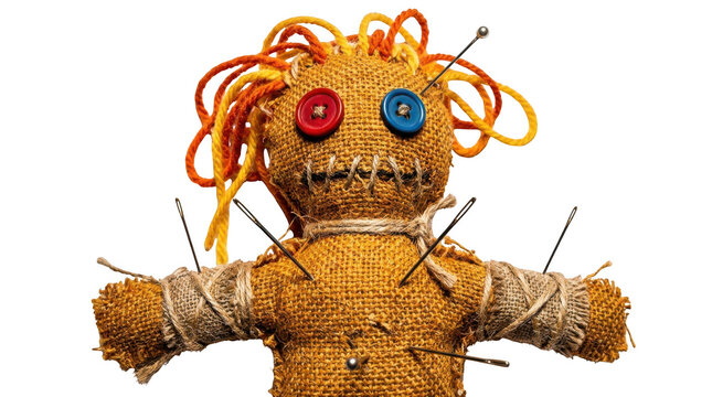 Voodoo doll made of burlap with button eyes and pins isolated on transparent background