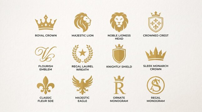 Set of Luxury Gold Royal Logos and Heraldic Emblems Featuring Crowns, Lions, Shields, and Monograms for Premium Branding and Identity Design