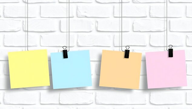 Four colorful sticky notes hanging on a white brick wall