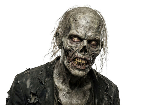 Portrait of a terrifying realistic zombie with decaying skin and glowing eyes isolated on transparent background