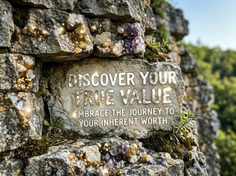 Stone carving with inspirational message about discovering true value embedded in rock