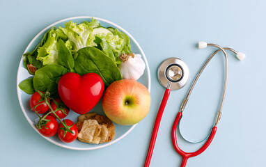 Obraz premium A top shot of a nutritious meal arrayed on a plate features a stethoscope and a red heart symbolizing a cholesterol diet and diabetes management against a soft pastel blue backdrop. It encapsulates th
