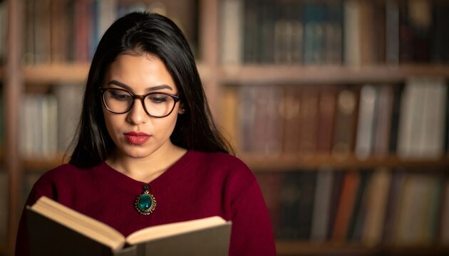 Young woman wearing glasses reading book in library