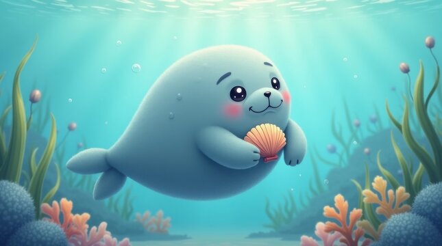 Adorable manat&iacute; de dibujos animados flotando suavemente bajo el agua mientras sostiene una peque&ntilde;a concha marina
