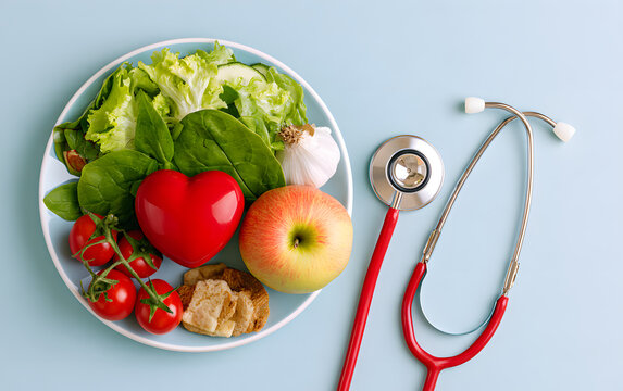 A top shot of a nutritious meal arrayed on a plate features a stethoscope and a red heart symbolizing a cholesterol diet and diabetes management against a soft pastel blue backdrop. It encapsulates th