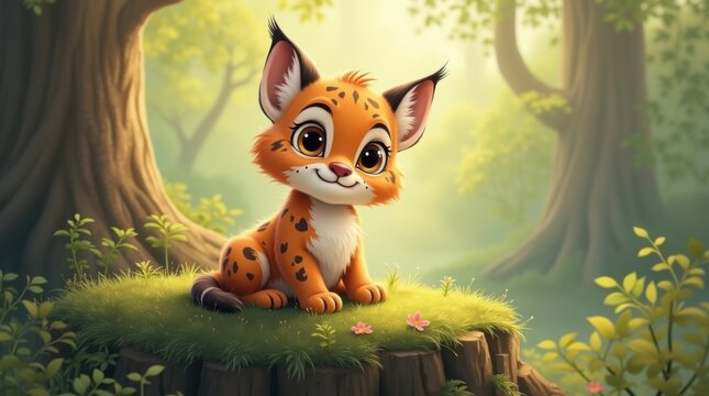 Cachorro de lince estilo dibujos animados sentado sobre una roca cubierta de musgo en el bosque; presenta los caracter&iacute;sticos penachos en las orejas y un pelaje esponjoso y moteado