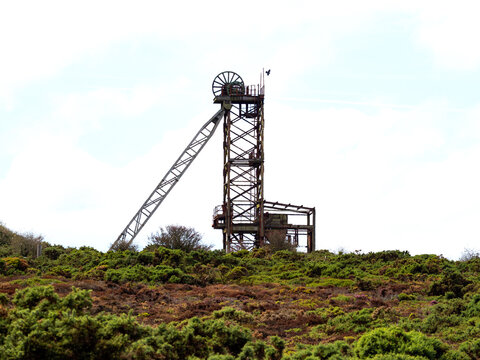 Parys Mountain Anglesey copper mining headframe standing in North Wales UK.