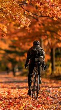a cyclist riding through a forest during autumn. The cyclist, wearing a dark jacket, black pants, and a helmet, is captured midstride on a bicycle.