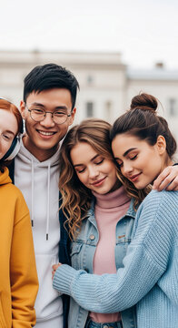Group of young friends embracing outdoors, symbolizing togetherness, friendship, and shared moments, representing connection and happiness
