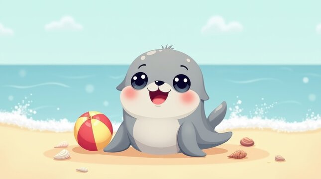 Foca con enormes ojos brillantes, una sonrisa alegre con la boca abierta y un fondo oce&aacute;nico en tonos pastel