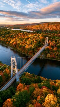 a suspension bridge spanning a river surrounded by a dense forest during autumn. The bridge, with its intricate metalwork and suspension cables, is the main subject.