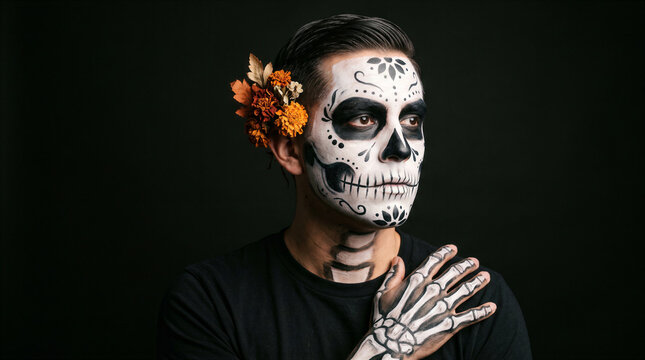 Man with Sugar Skull Face Paint and Flowers for Day of the Dead Celebration