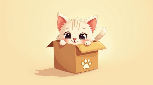 Encantadora gatita de dibujos animados que mira con curiosidad fuera de una peque&ntilde;a caja de cart&oacute;n