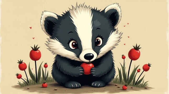 Lindo tej&oacute;n de dibujos animados que sostiene una peque&ntilde;a baya roja, con marcas faciales blancas y negras y un cuerpo esponjoso