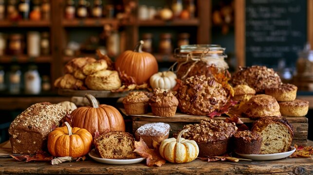 a variety of baked goods arranged on a wooden table. The main subject is a collection of breads, muffins, and other baked goods, each with a unique texture and color.