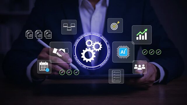 Businessman developing digital automation system and AI workflow optimization, Concept of process management, operational efficiency, business technology, and digital transformation strategy