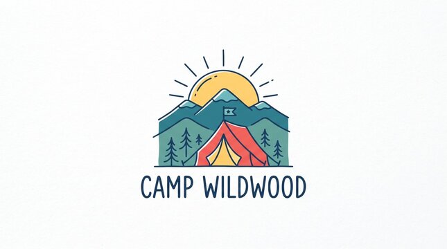Camp Wildwood Adventure Logo Design Featuring a Red Tent, Mountains, and Sun in a Minimalist Hand Drawn Linear Style for Outdoor Branding