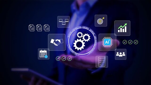 Businessman developing digital automation system and AI workflow optimization, Concept of process management, operational efficiency, business technology, and digital transformation strategy