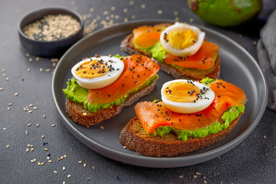 Brot mit gekochten Eiern, Avocado und Lachsund mit Sesamsamen bestreut