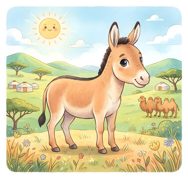 Cute Asian wild donkey in a grassland, children's book illustration style
