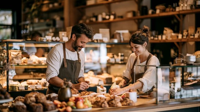 a bakery. A man and a woman, both wearing aprons, stand behind a counter. The man, on the left, has a beard and wears a white shirt. The woman on the right, wearing a white blouse and a brown apron.