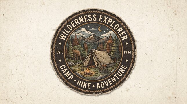 Wilderness Explorer Vintage Camping Patch Logo Design with Mountains, Forest, Tent, and Campfire Illustration for Outdoor Adventure Branding
