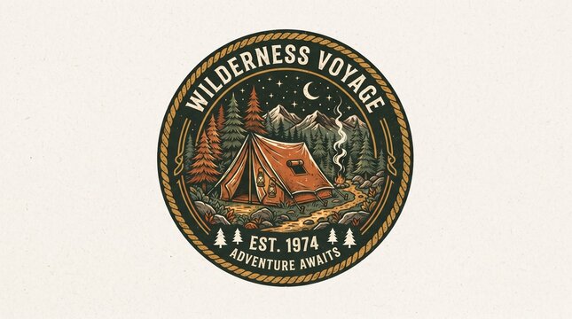 Vintage Wilderness Voyage Camping Badge Illustration with Tent, Campfire, Mountains, and Forest for Outdoor Adventure Apparel and Branding