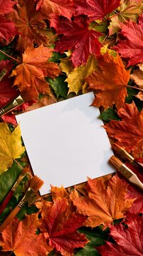 a collection of maple leaves in various shades of red, orange, and yellow. The leaves are scattered across the ground, some overlapping each other.