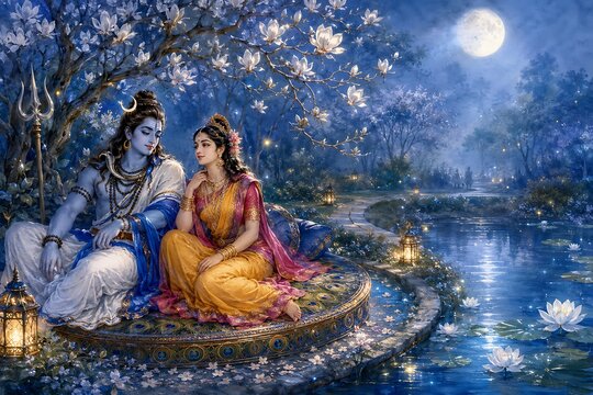 Lord Shiva and Parvati beside moonlit lotus lake in serene devotional night scene