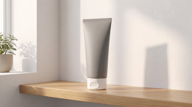 Blank cosmetic squeeze tube mockup on wooden shelf by window, facial cleanser cream skincare packaging display