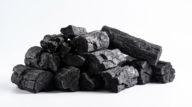 High quality natural hardwood charcoal stack isolated on pure white background for grilling and barbecue cooking photography background